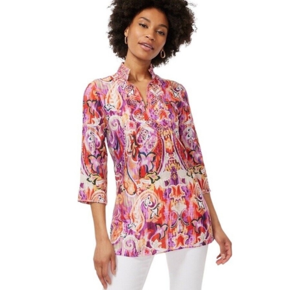 Chico's Vibrant Pink and Purple Paisley Tunic 40th Anniversary Beaded Size 8